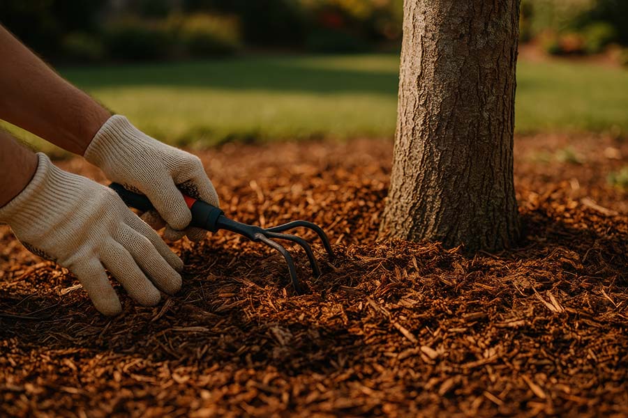 Applying organic mulch around a tree base in a Reigate garden